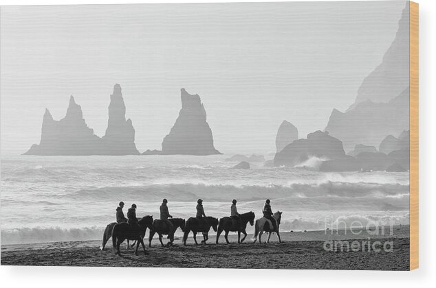 Animal Wood Print featuring the photograph Horseback Riding at Reynisfjara Beach by Jerry Fornarotto