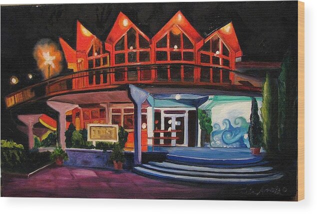 Asbury Art Wood Print featuring the painting Howard Johnsons at Night by Patricia Arroyo