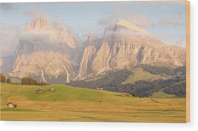Alpe Di Siusi Wood Print featuring the photograph Huts on the Alpe di Siusi by Stephen Taylor