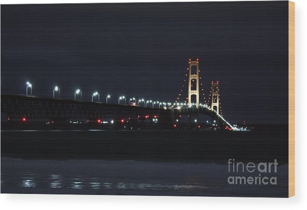 Mackinaw Bridge Wood Print featuring the photograph Lights of the Big Mac by Scott Heister