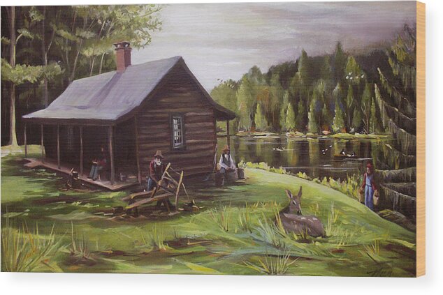 Log Cabin Wood Print featuring the painting Log Cabin by the Lake by Nancy Griswold