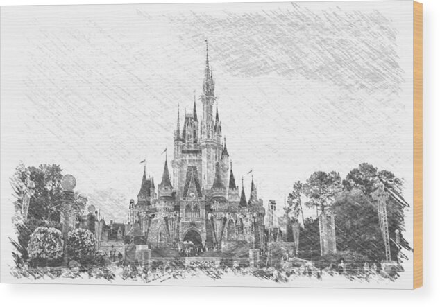 Castle Wood Print featuring the mixed media Magic Kingdom Castle In Black And White PA 01 by Thomas Woolworth