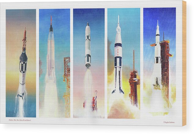 Nasa Wood Print featuring the painting Manned NASA Booster Rockets of the 1960's by Douglas Castleman