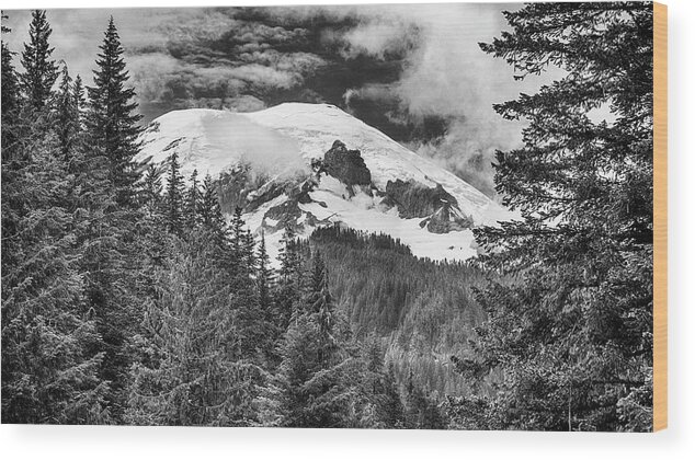 Mt Rainier Wood Print featuring the photograph Mt Rainier View - bw by Stephen Stookey