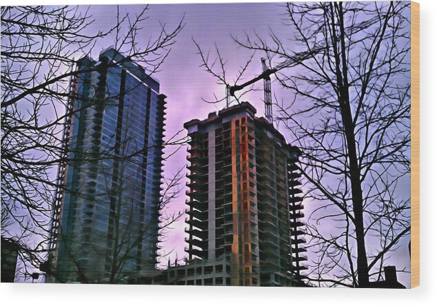 Cityscape Wood Print featuring the digital art New Construction, Two Towers by Paisley O'Farrell
