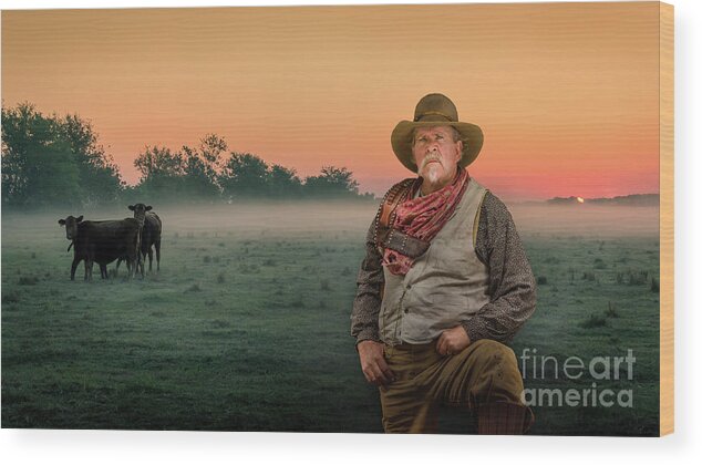 Dry Creek Wood Print featuring the photograph Old Farmer With Cows at Sunrise, Florida by Liesl Walsh