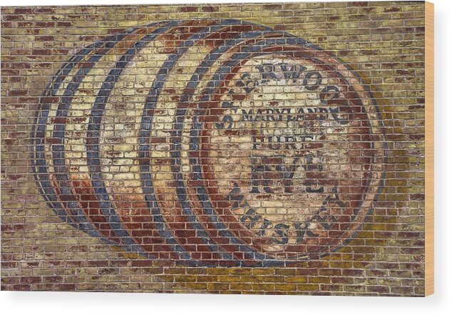 Sherwood Wood Print featuring the photograph Old Sherwood Distillery Logo on Former Bonded Warehouse - Westminster Carroll County Maryland by Michael Mazaika