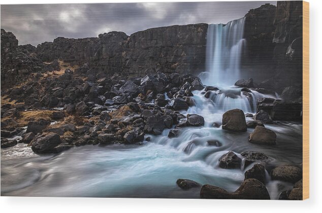 Clouds Wood Print featuring the photograph Oxararfoss waterfall - Thingvellir, Iceland - Travel photography by Giuseppe Milo