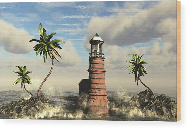 Nature Wood Print featuring the digital art PalmTree Beach Lighthouse by John Junek