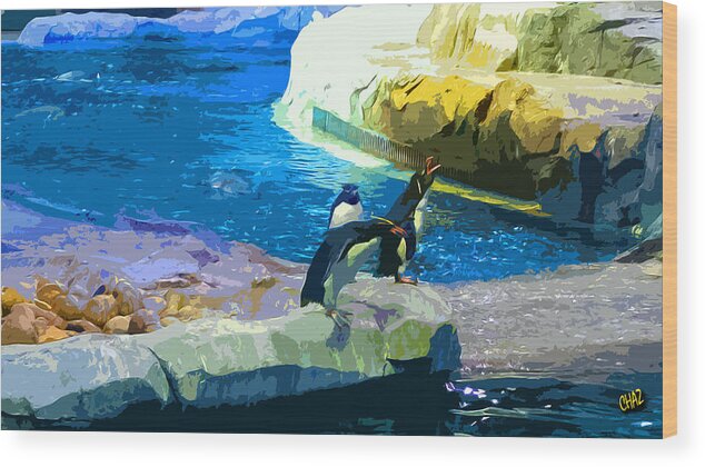 Penguins Wood Print featuring the painting Penguins At The Zoo by CHAZ Daugherty