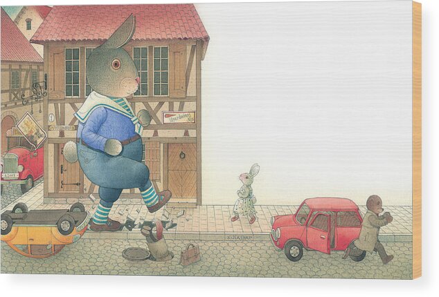 Street Town Rabbit Animal Red Car Accident Love Wood Print featuring the painting Rabbit Marcus the Great 19 by Kestutis Kasparavicius