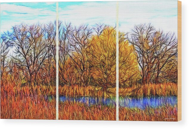 Joelbrucewallach Wood Print featuring the digital art Reflections Of Autumnal Echoes - Triptych by Joel Bruce Wallach