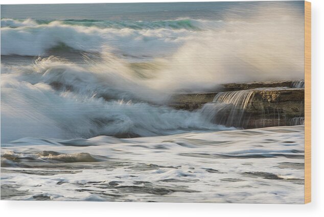 Sea Waves Wood Print featuring the photograph Rocky seashore, wavy ocean and wind waves crashing on the rocks by Michalakis Ppalis