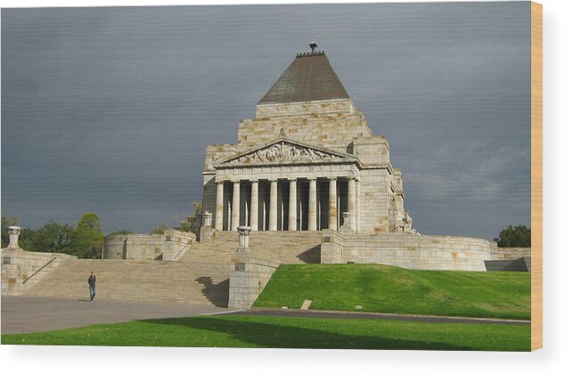 Cenotaph Remember Sky Sunlight Ominous Storm Clouds Military Mebourne Victoria Australia The Shrine Of Remembrance Kings Domain St Kilda Road Wood Print featuring the photograph Shrine of Remembrance by Emma Frost