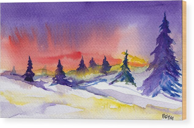 Evergreen Trees Wood Print featuring the painting Snow Sunset by Clara Sue Beym