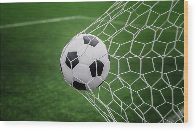 Soccer Ball On Goal With Net And Green Background Wood Print By Anek Suwannaphoom