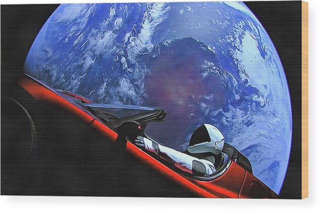 Starman Wood Print featuring the photograph Starman in Tesla with planet earth by SpaceX
