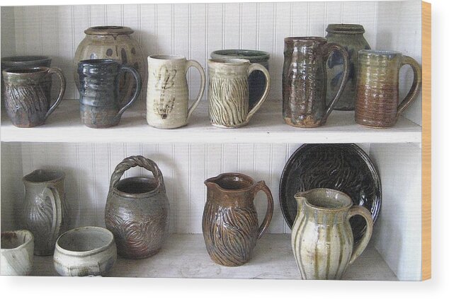 Wheel Thrown Cups Wood Print featuring the ceramic art Stoneware Cups by Stephen Hawks