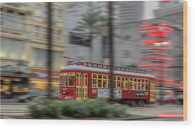 New Orleans Wood Print featuring the photograph Street Car Flying Down Canal by Susan Rissi Tregoning
