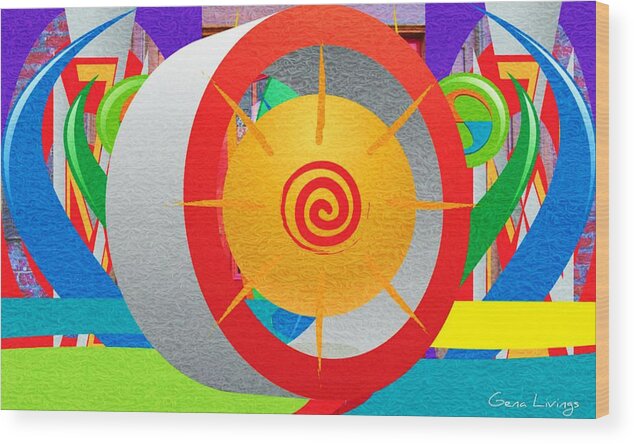 Abstract Wood Print featuring the mixed media Sun Dial by Gena Livings