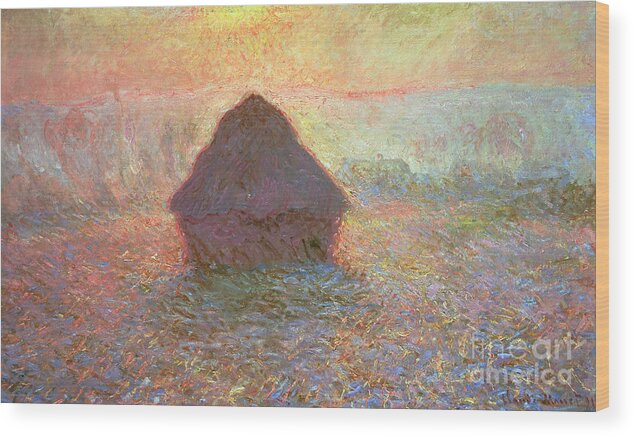 Farm Wood Print featuring the painting Sun in the Mist by Claude Monet
