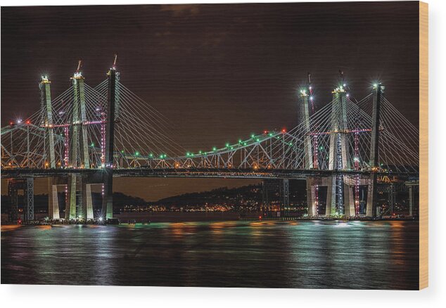 Jeffrey Friedkin Photography Wood Print featuring the photograph Tale of 2 Bridges at Night by Jeffrey Friedkin