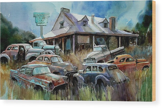 Cars House Rust Wood Print featuring the painting The Hideaway of Miss Dish Kreshin by Ron Morrison