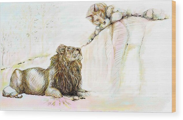 Lion Wood Print featuring the painting The Lion and The Fox 1 - The First Meeting by Sukalya Chearanantana
