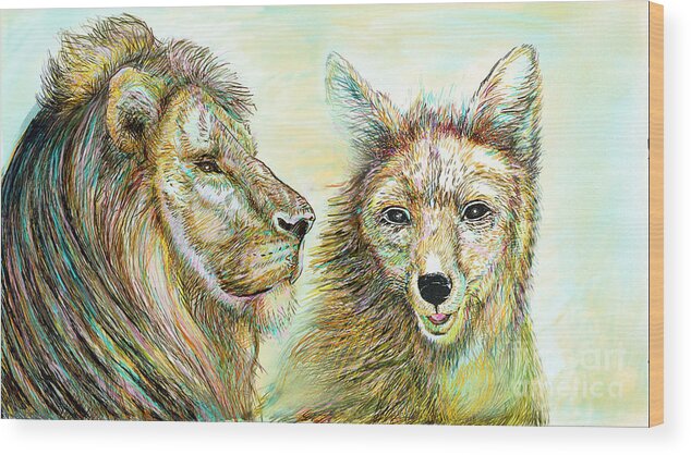 Lion Wood Print featuring the painting The Lion and The Fox 3 - To Face How Real of Faith by Sukalya Chearanantana