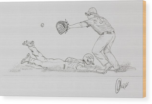 Baseball Wood Print featuring the drawing The Pick Off by Chris Thomas