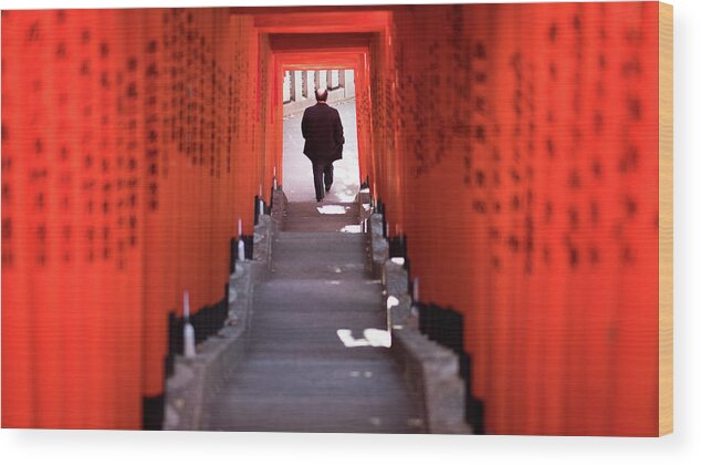 Akasaka Wood Print featuring the photograph The Torii tunnel - Tokyo, Japan - Color street photography by Giuseppe Milo