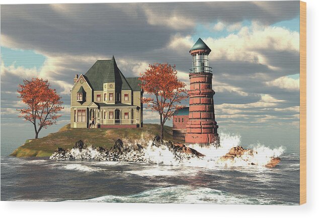 Windy Point Lighthouse.charming Seascape Scene Wood Print featuring the digital art Windy Point Lighthouse by John Junek