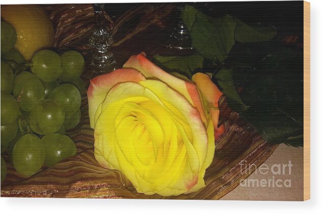 Yellow Rose Wood Print featuring the photograph Yellow Rose and Grapes by Oksana Semenchenko