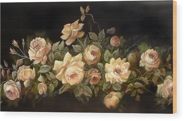 Floral Wood Print featuring the painting Yellow Roses on Black by Patricia Rachidi