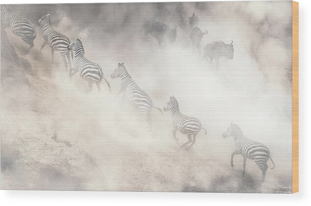 Wildlife Wood Print featuring the photograph Dramatic Dusty Great Migration in Kenya by Good Focused