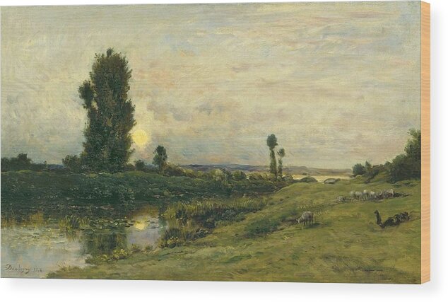Nature Wood Print featuring the painting Moonrise on the Banks of the River Oise - Daubigny, Charles-Francois #1 by Celestial Images