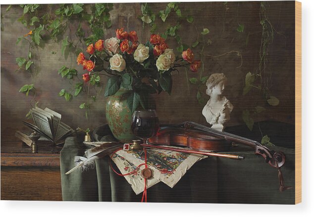Flowers Wood Print featuring the photograph Still Life With Violin And Flowers #1 by Andrey Morozov