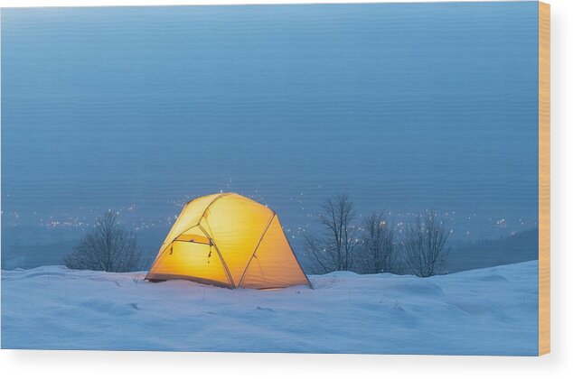 Landscape Wood Print featuring the photograph Yellow Tent Lighted #1 by Ivan Kmit