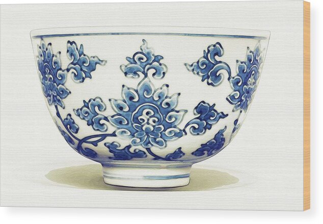 Pottery Wood Print featuring the painting A BLUE AND WHITE LANDSCAPE VASE QING DYNASTY KANGXI PERIOD 4 watercolor by Ahmet Asar #2 by Celestial Images