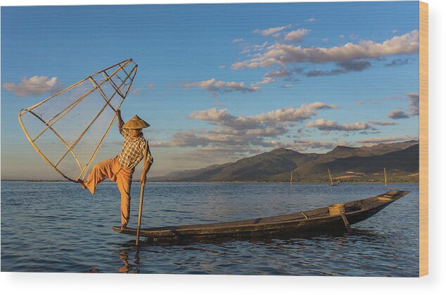 Fisherman Wood Print featuring the photograph Intha fisherman on Lake Inle in Myanmar #4 by Ann Moore
