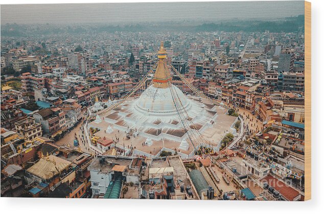 Buddhist Wood Print featuring the photograph Stupa temple Bodhnath Kathmandu, Nepal from air October 12 2018 #4 by Raimond Klavins