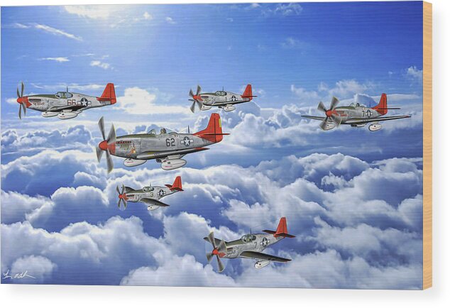 332nd Fighter Group Wood Print featuring the digital art A flight of Red Tails - Oil by Tommy Anderson