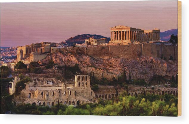 Troy Caperton Wood Print featuring the painting Acropolis at Twilight by Troy Caperton