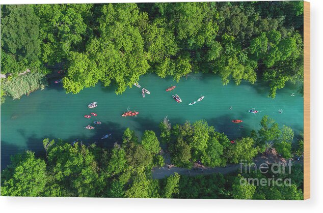 Barton Creek Wood Print featuring the photograph Aerial view looking over kayaks and canoes on Barton Creek, natu by Dan Herron