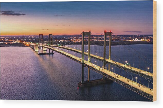 Aerial Wood Print featuring the photograph Aerial view of Delaware Memorial Bridge at dusk. by Mihai Andritoiu