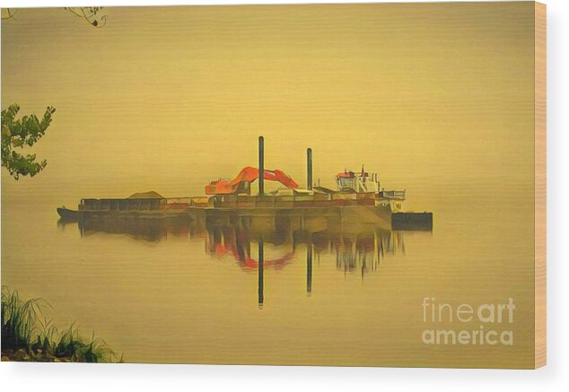 Mississippi River Wood Print featuring the painting Dredge in the Early Morning Fog by Marilyn Smith