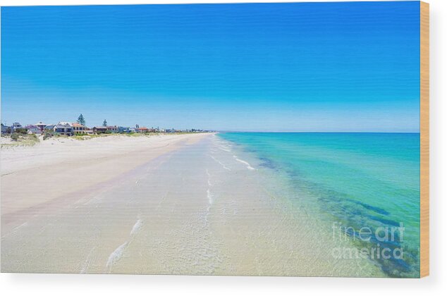 Drone Wood Print featuring the photograph Drone aerial view of wide open white sandy beach by Milleflore Images