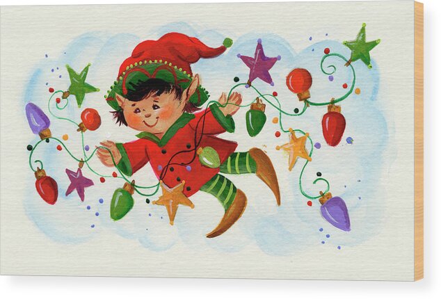 Elf With Christmas Lights Wood Print featuring the painting Elf With Christmas Lights by Beverly Johnston