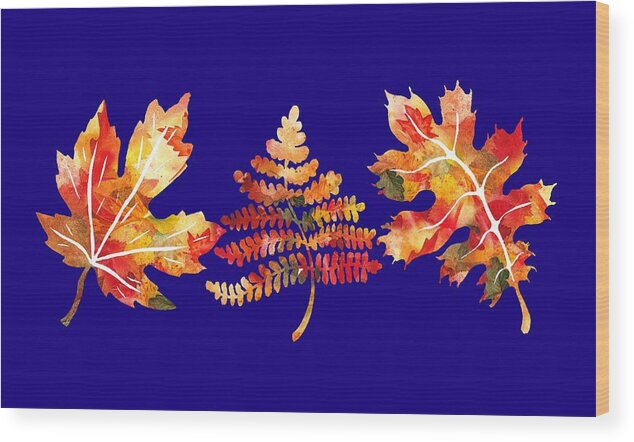Watercolor Wood Print featuring the painting Fall Leaves Watercolor Silhouettes Oak Maple Fern by Irina Sztukowski