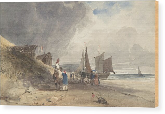 19th Century Art Wood Print featuring the drawing Figures on a Beach, Northern France by Thomas Shotter Boys